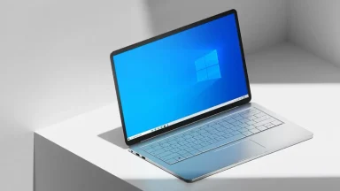 Laptop with Windows desktop on table