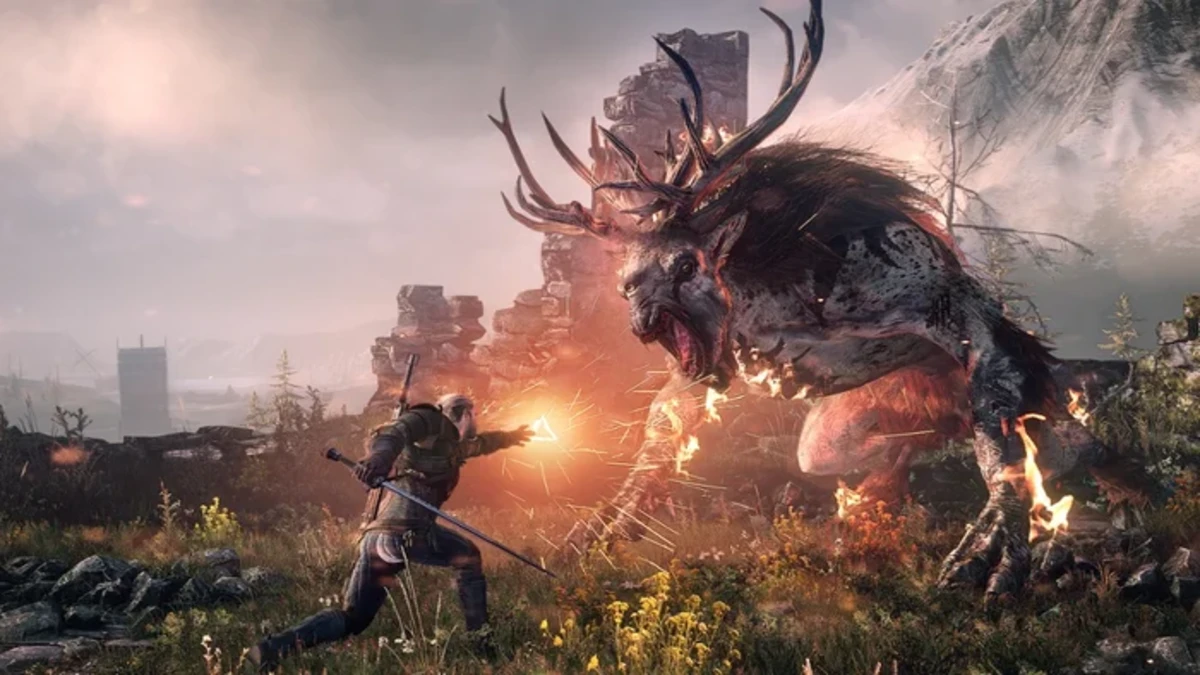 Geralt of Rivia battling deer monster.