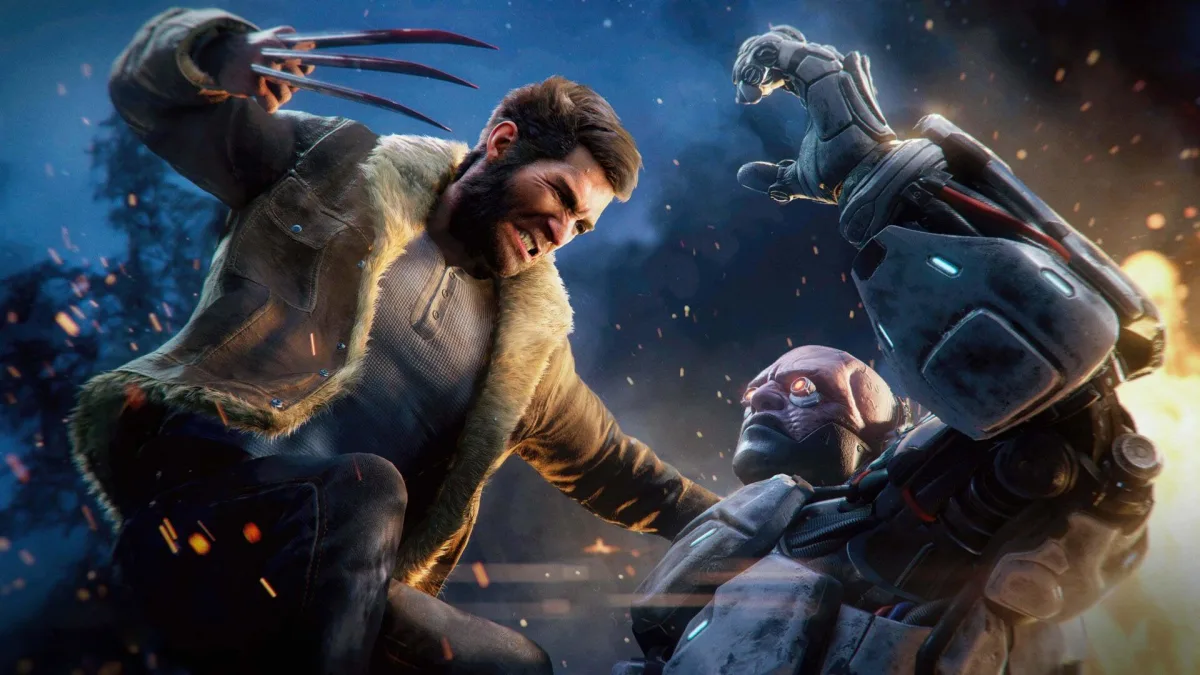 Wolverine attacks armored robot amid fiery battlefield