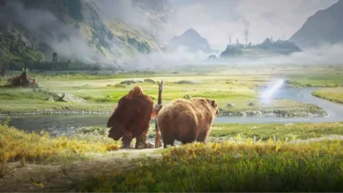 Warrior and bear overlook misty mountain valley