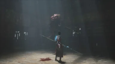 Warrior confronts large monster in dark arena
