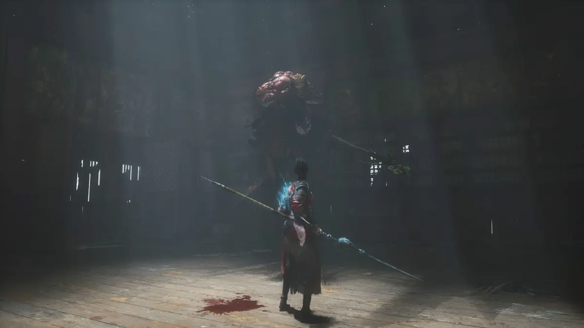 Warrior confronts large monster in dark arena