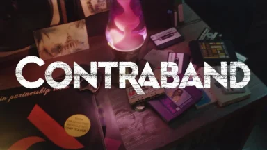 Contraband title with retro items and lava lamp