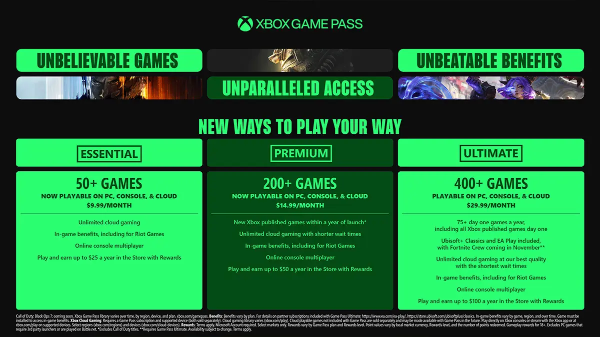 Xbox Game Pass membership plans comparison chart