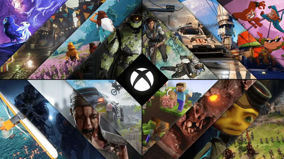Xbox logo surrounded by a collage of video game scenes