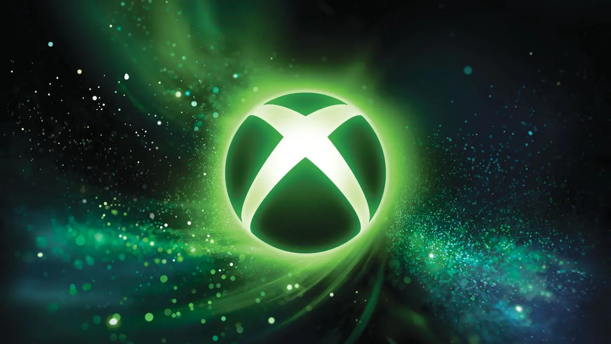 Glowing green Xbox logo amid swirling cosmic particles