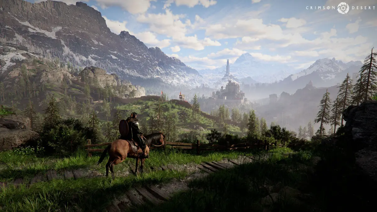 Knight on horseback overlooking medieval mountain city