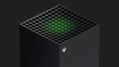 Black Xbox Series X console with glowing green vent