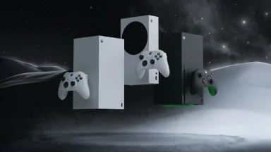 Xbox Series X and S consoles in desert landscape.