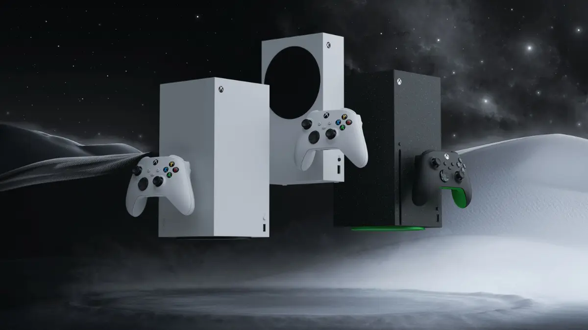 Xbox Series X and S consoles in desert landscape.