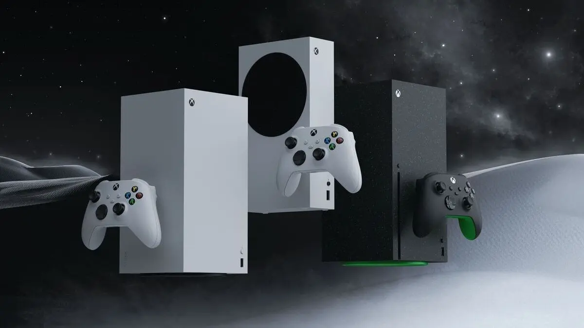 Xbox Series consoles with controllers in space backdrop