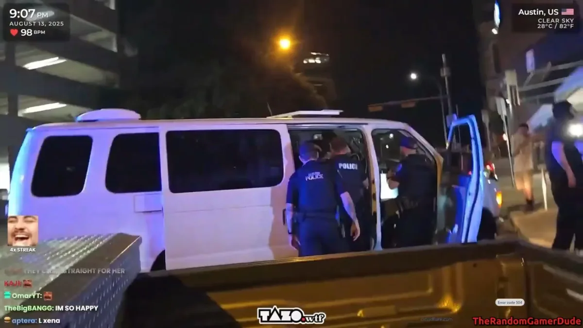 Police officers and van at night scene.