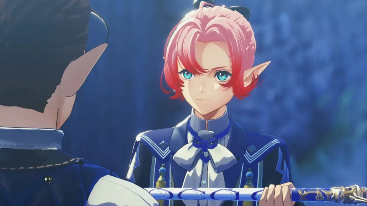 Pink-haired elf holding ornate staff
