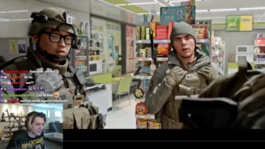 Two soldiers in convenience store during livestream gameplay