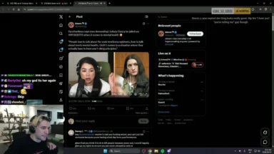 Streamer watches an X post with split-screen interview video