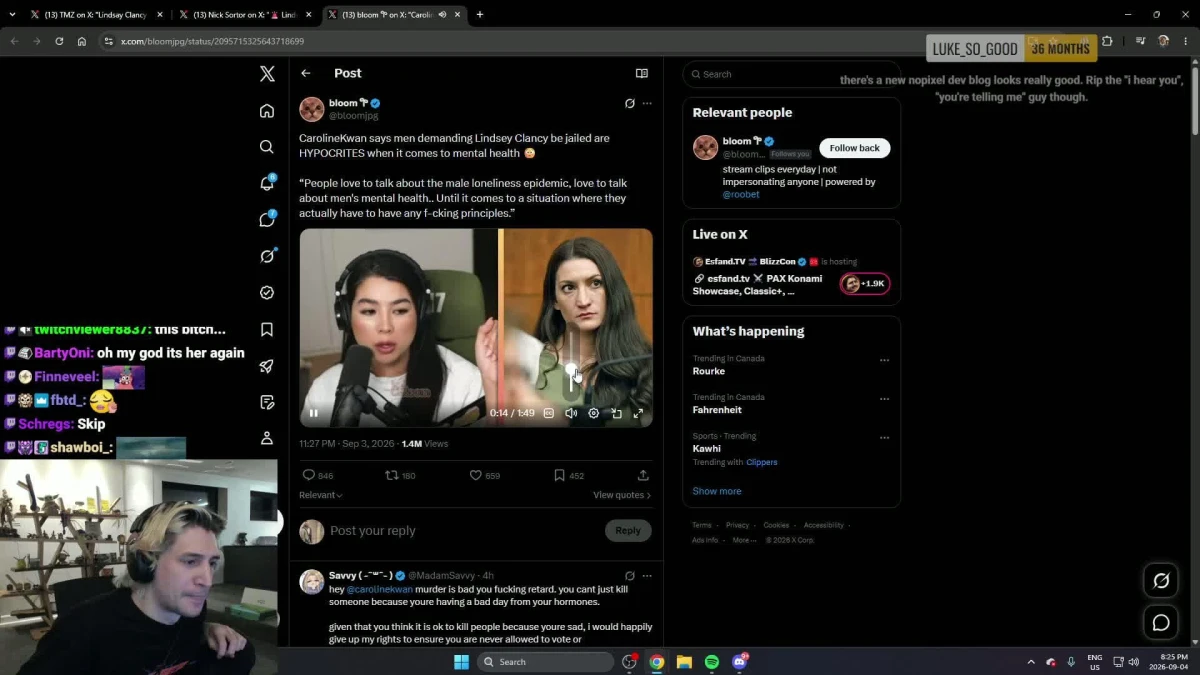 Streamer watches an X post with split-screen interview video