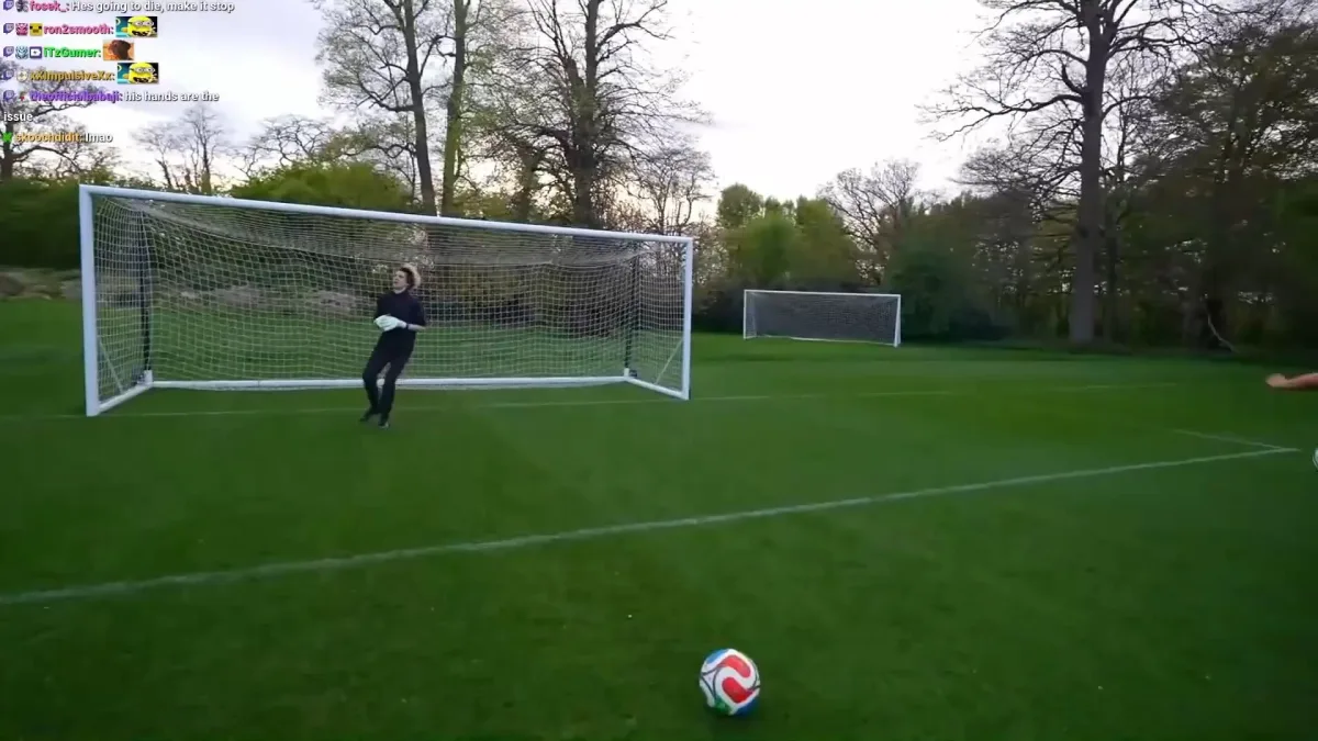 Goalkeeper preparing for shot on grassy soccer field