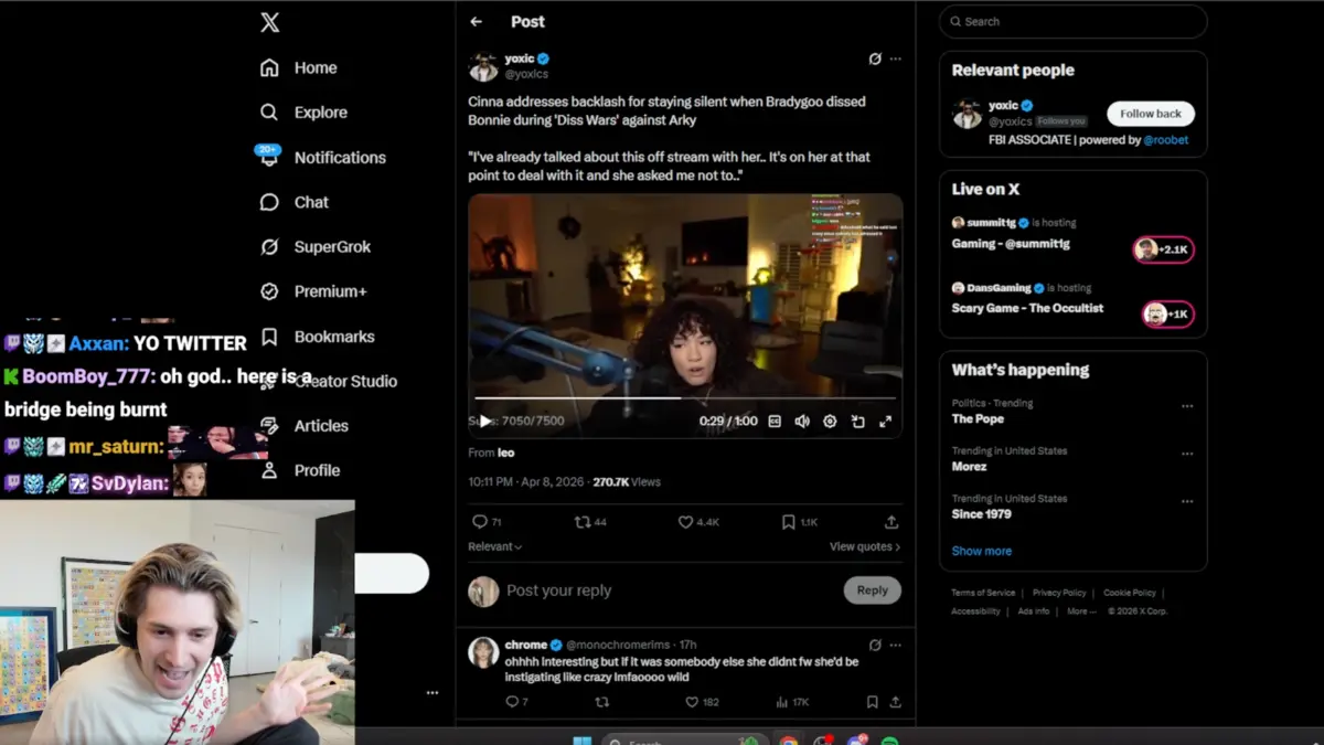 Livestreamer reacting to X post about Cinna controversy