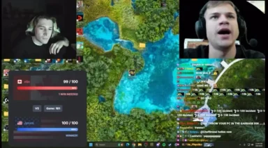 Two gamers streaming with score overlay.
