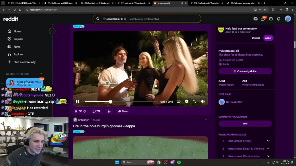 Reddit LivestreamFail page with video and streamer facecam