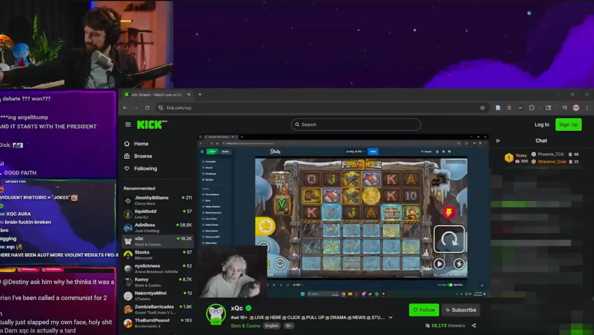 Gaming livestream with chat and slot game interface.