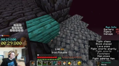 Minecraft speedrun gameplay with streamer facecam overlay