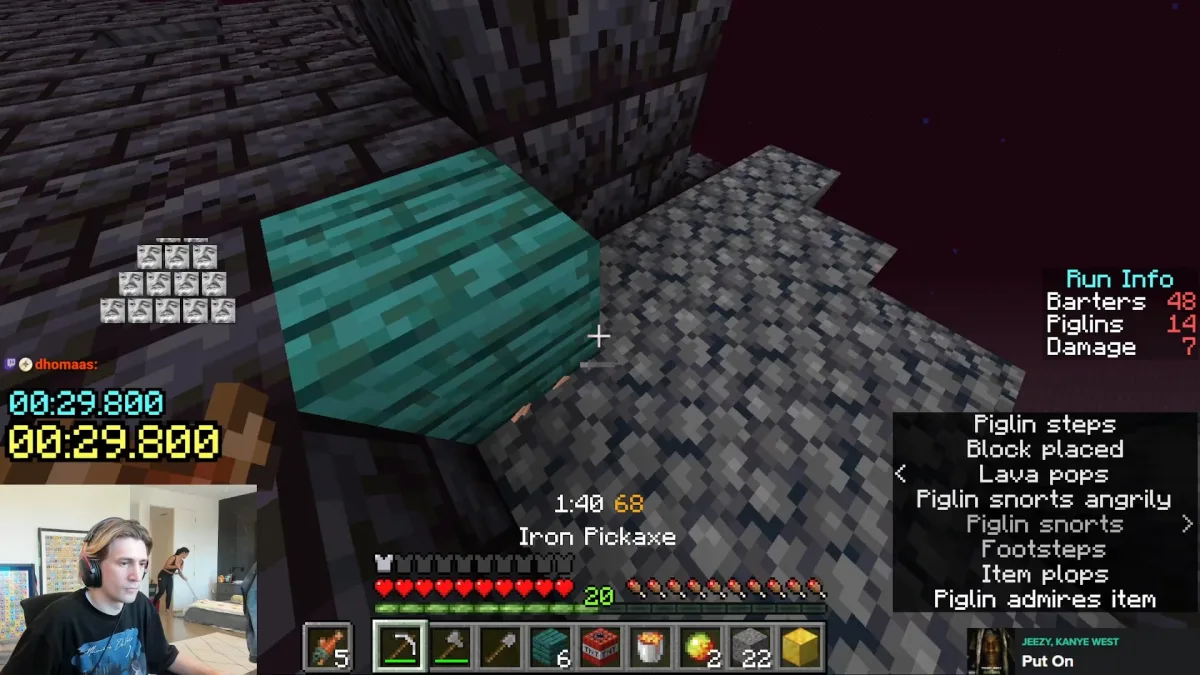 Minecraft speedrun gameplay with streamer facecam overlay