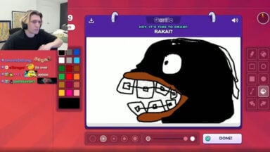 Cartoon black bird with braces in drawing game