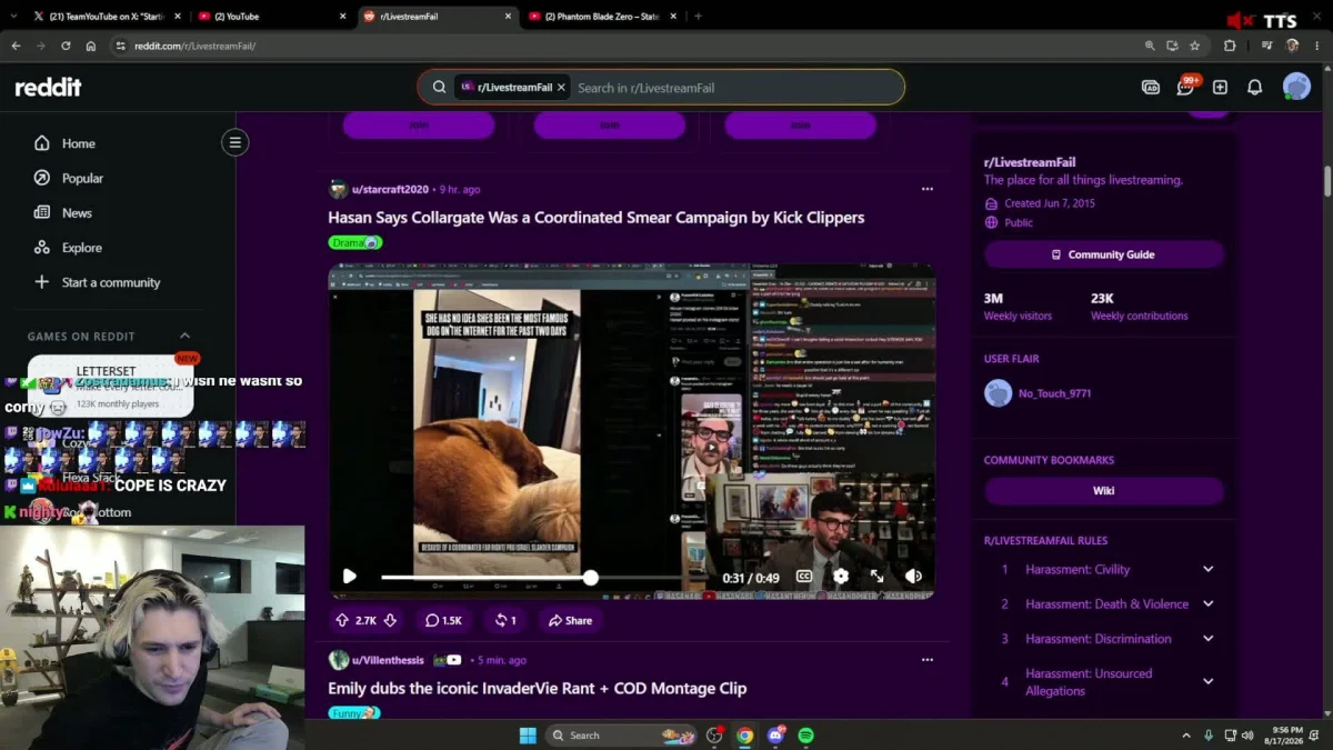 Reddit LivestreamFail page with video post and streamer webcam