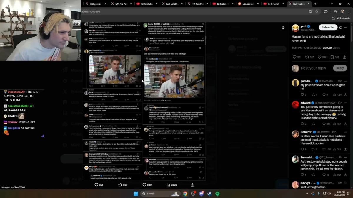 Streamer reacting to tweets about Ludwig and Hasan controversy