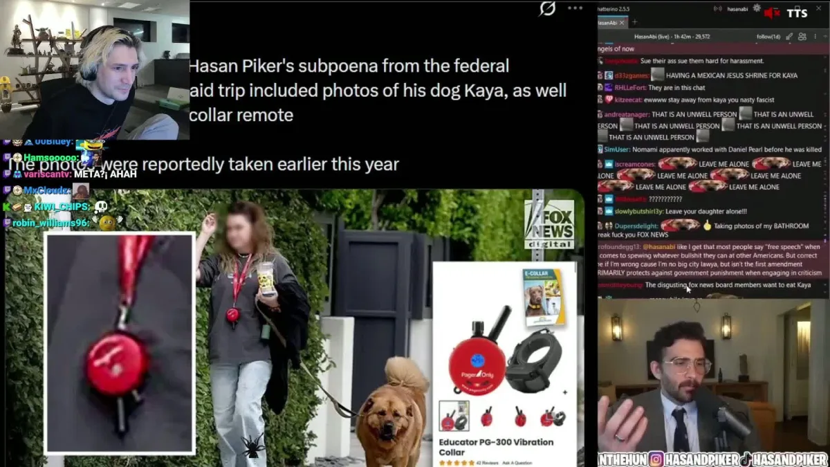 Livestream screenshot discussing Hasan Piker’s dog collar controversy