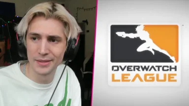 Man wearing headset beside Overwatch League logo