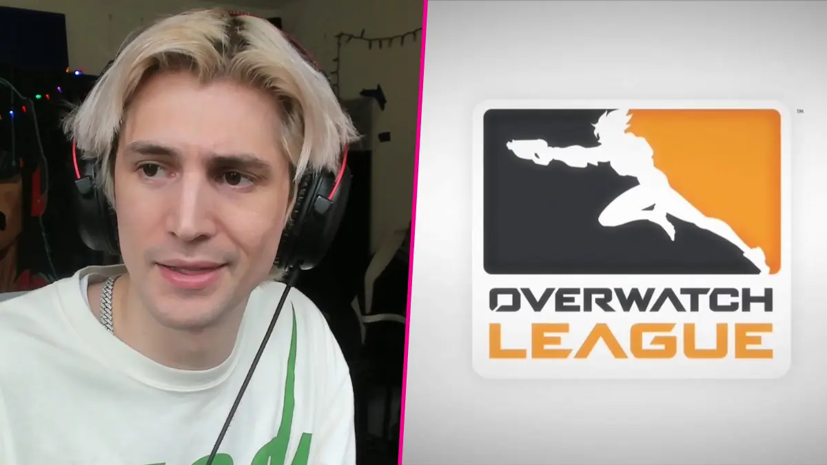 Man wearing headset beside Overwatch League logo