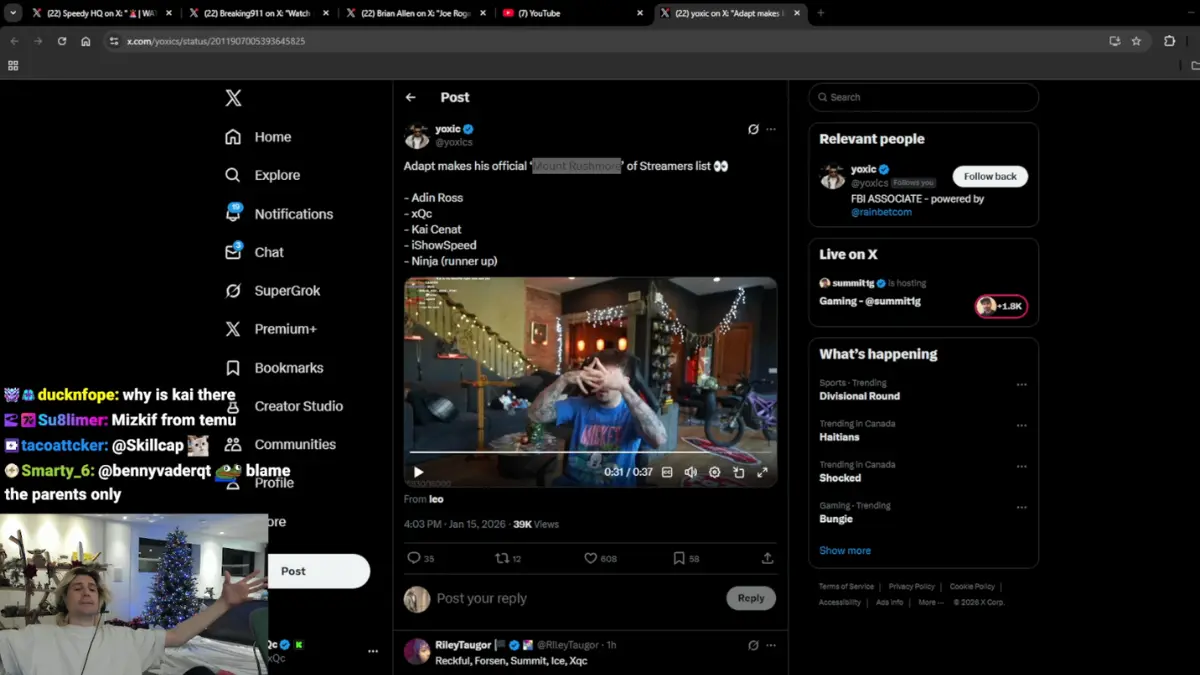 Streamer video reacting to Mount Rushmore list post