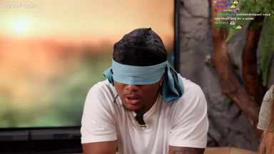 Man with blindfold in nature setting.