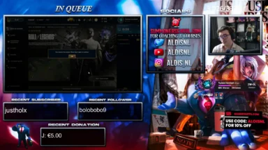 League of Legends stream overlay with webcam and social links