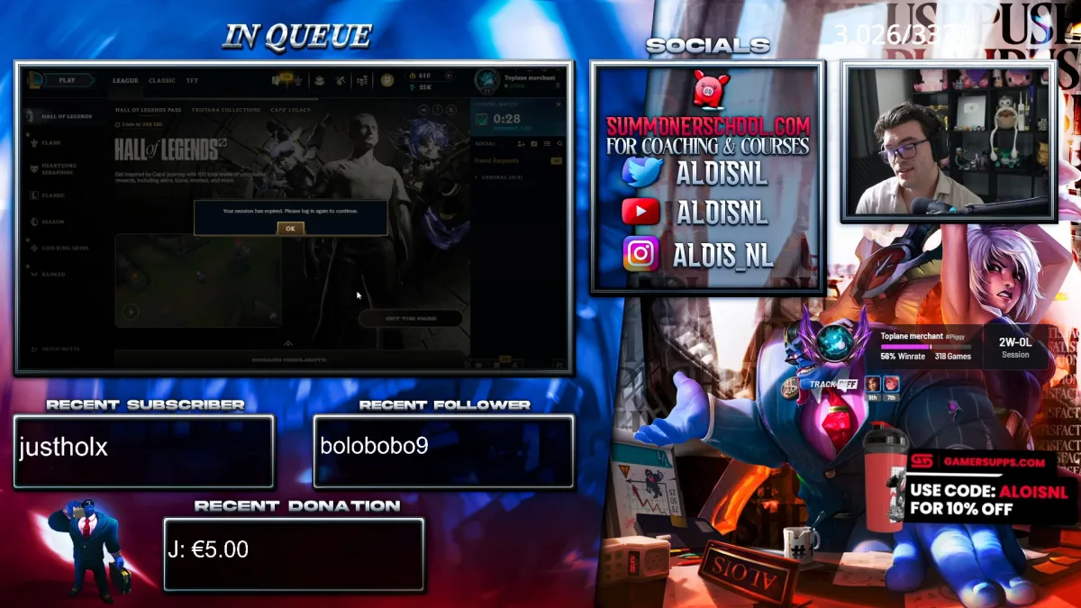 League of Legends stream overlay with webcam and social links